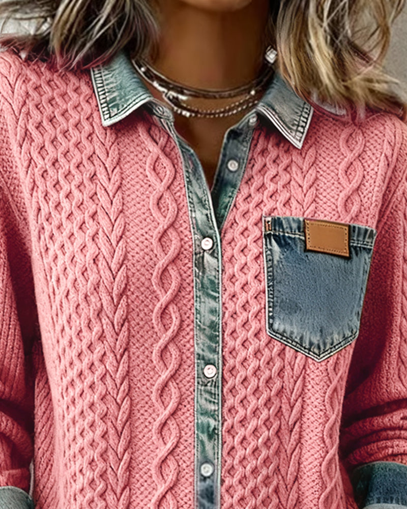Minerva | Women's Cable Knit Collared Long Sleeve Shirt