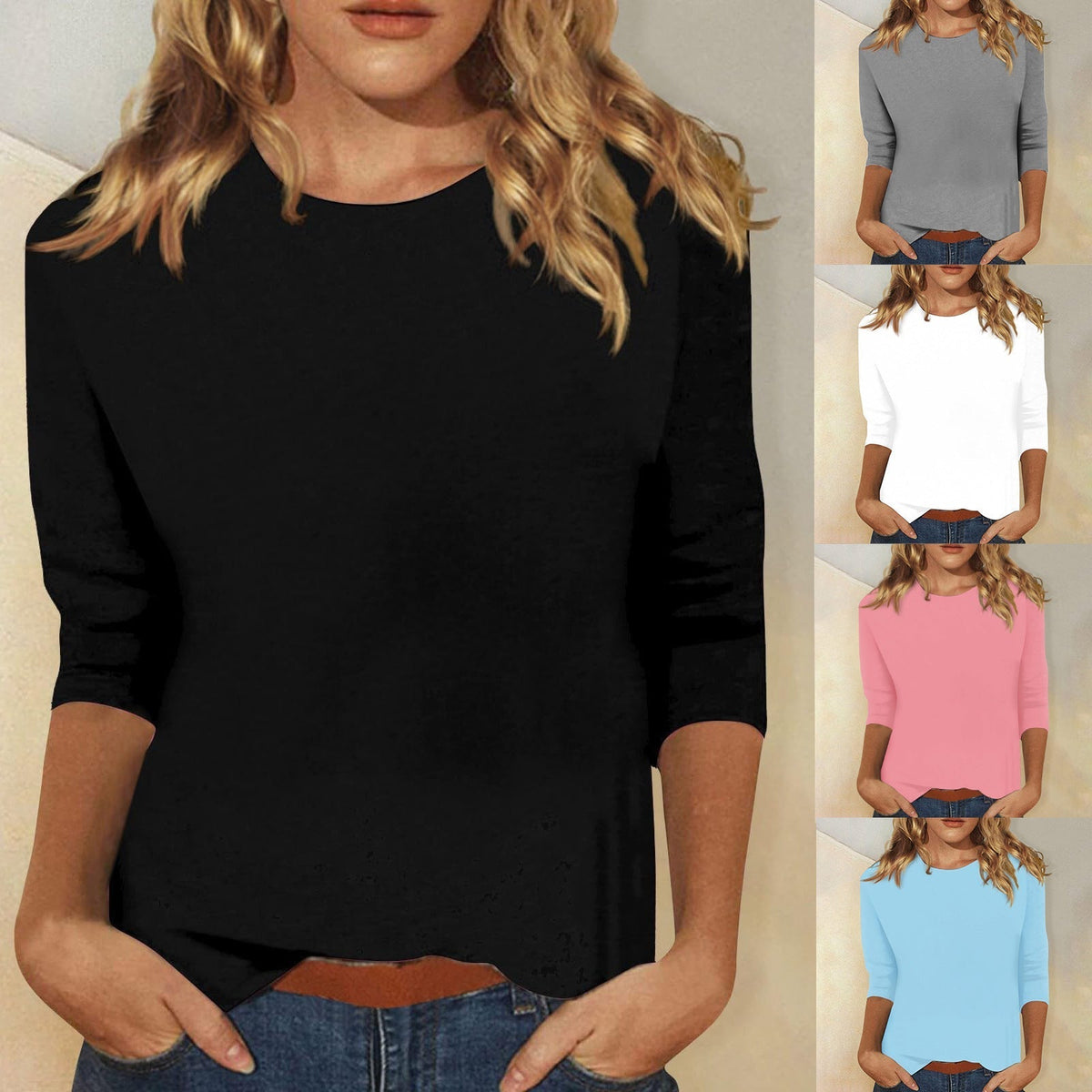 Mirabel | Women's Crew Neck 3/4 Sleeve Solid Top