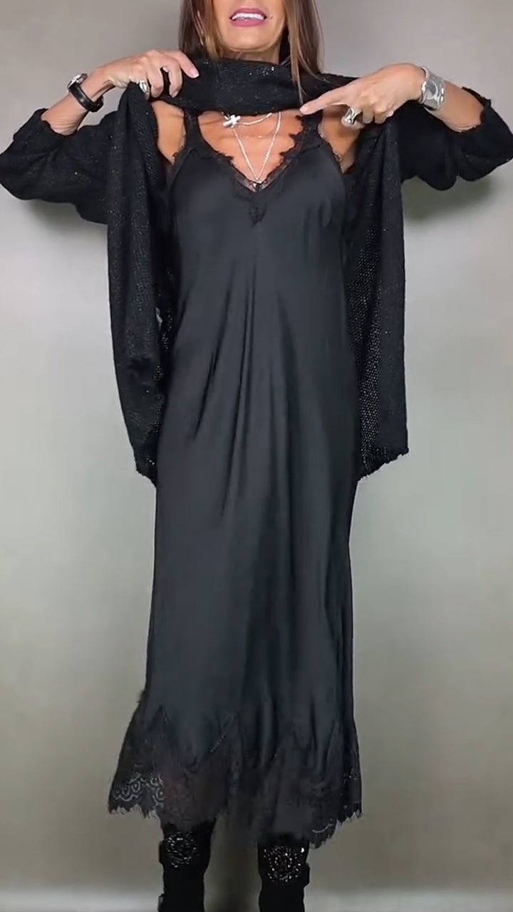 Nevara | Women's Long Knit Sweater Dress Layered Midi