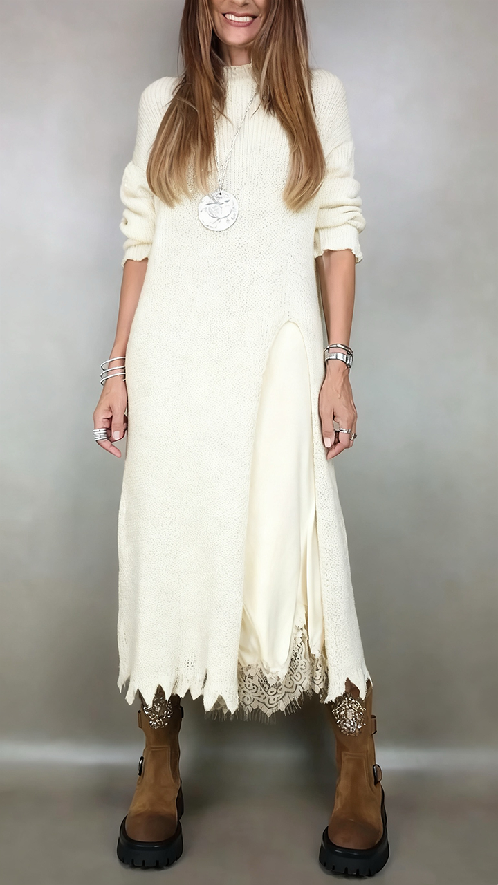 Nevara | Women's Long Knit Sweater Dress Layered Midi