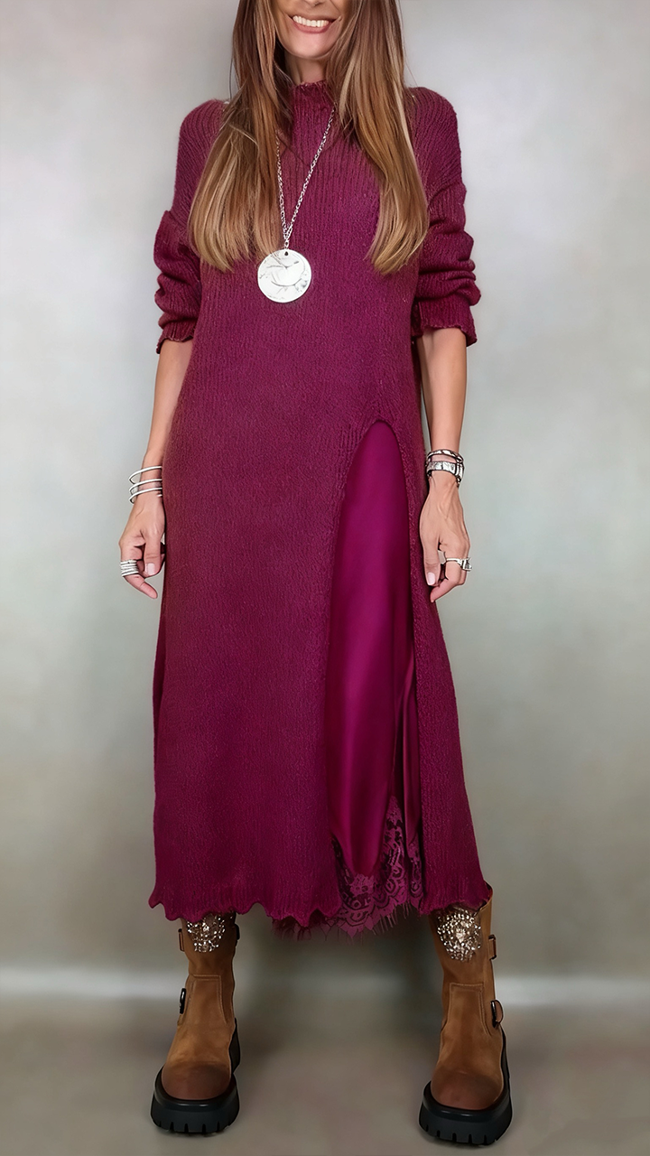 Nevara | Women's Long Knit Sweater Dress Layered Midi