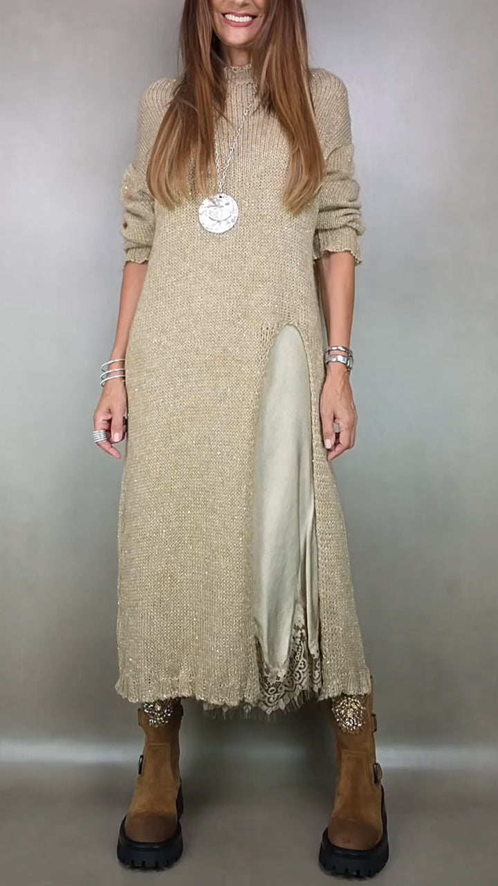 Nevara | Women's Long Knit Sweater Dress Layered Midi