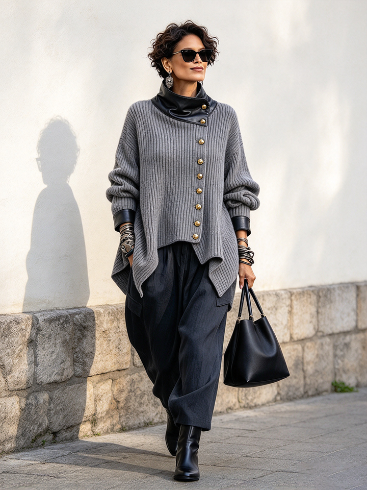 Donna | Stylish Faux Leather Knit Cardigan Jacket