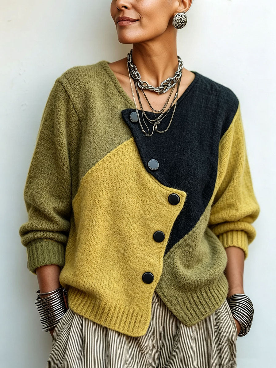 Freya | Women's Colour-Block Asymmetric Button Knit Cardigan