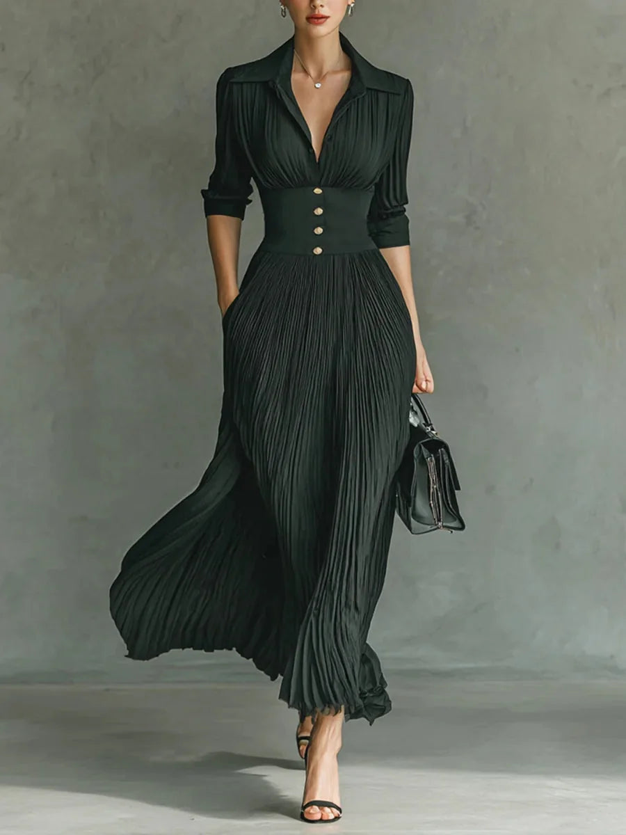Odile - Pleated Lapel Maxi Dress