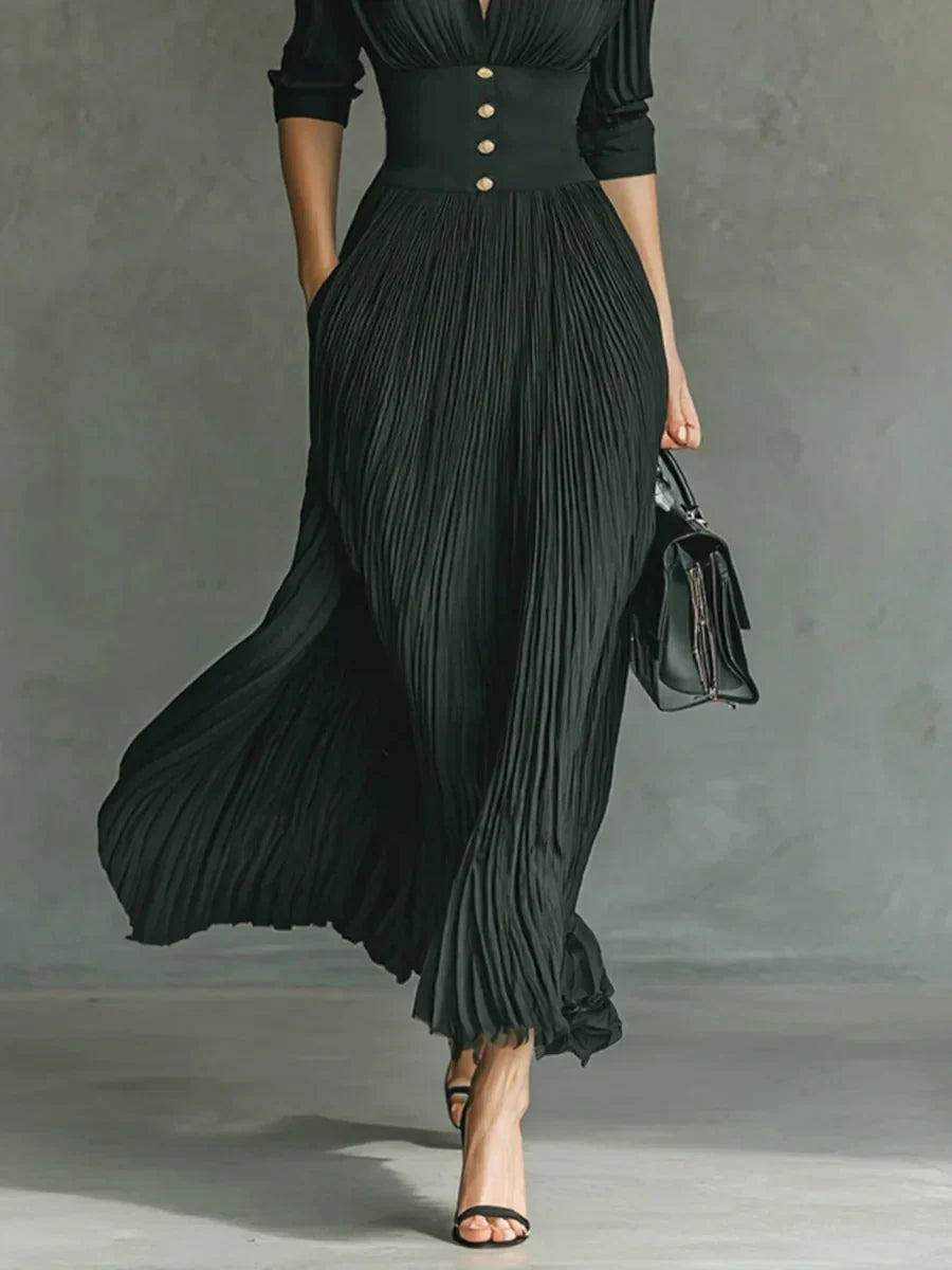 Odile - Pleated Lapel Maxi Dress