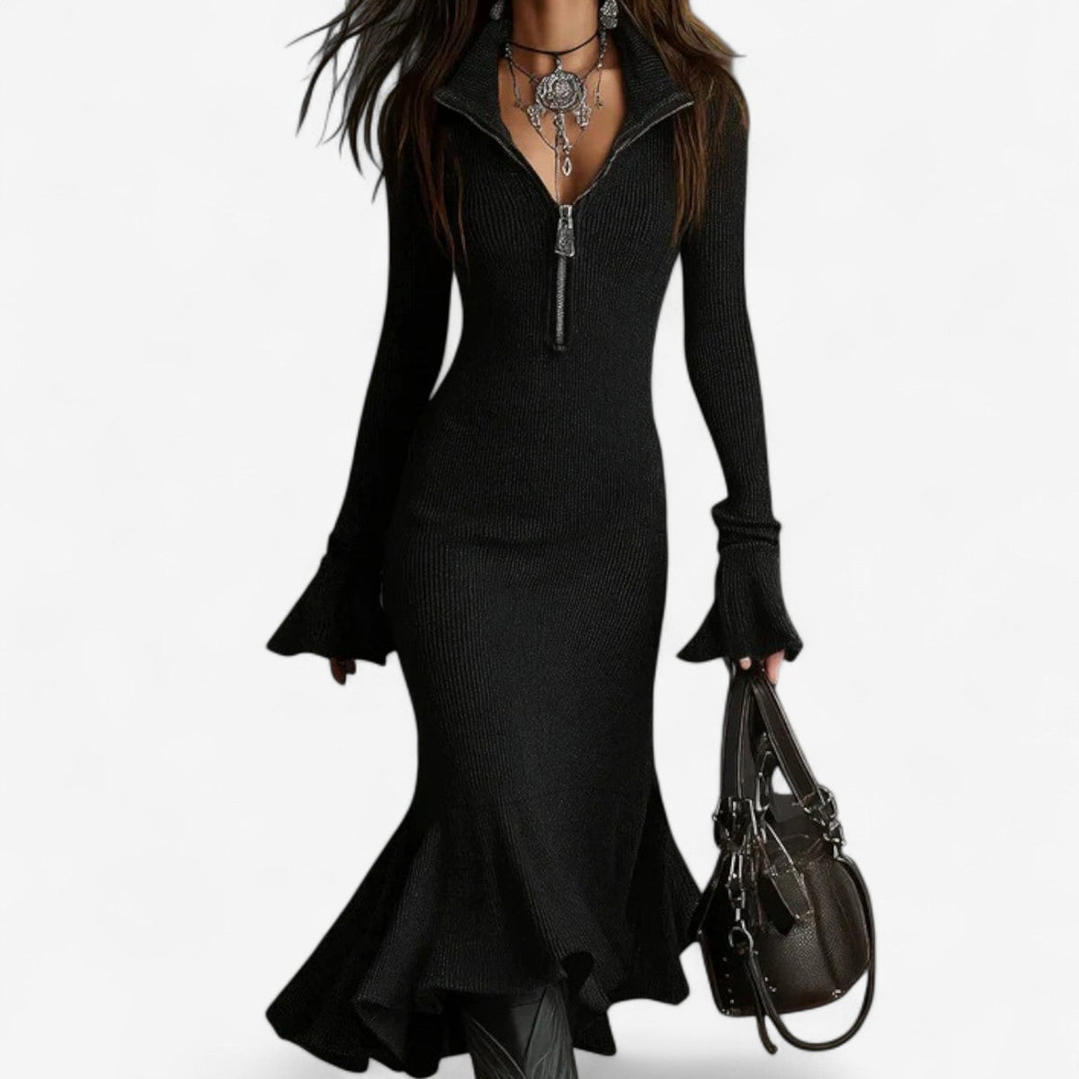 Saoirse | Women's Knit Sweater Dress Zip Collar Midi