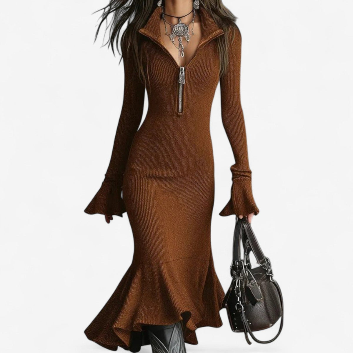 Saoirse | Women's Knit Sweater Dress Zip Collar Midi