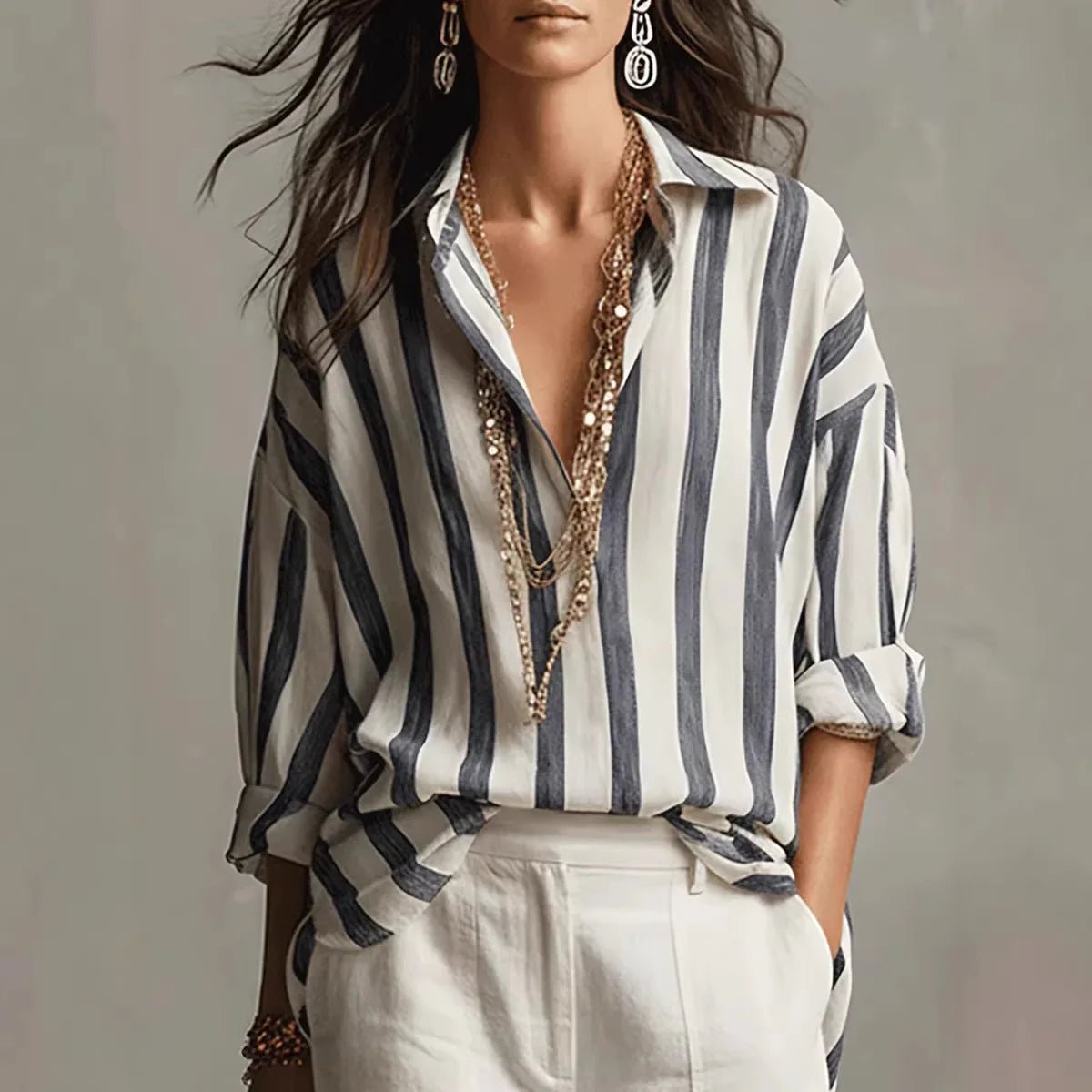 Solange | Women's Striped Collared Long Sleeve Blouse