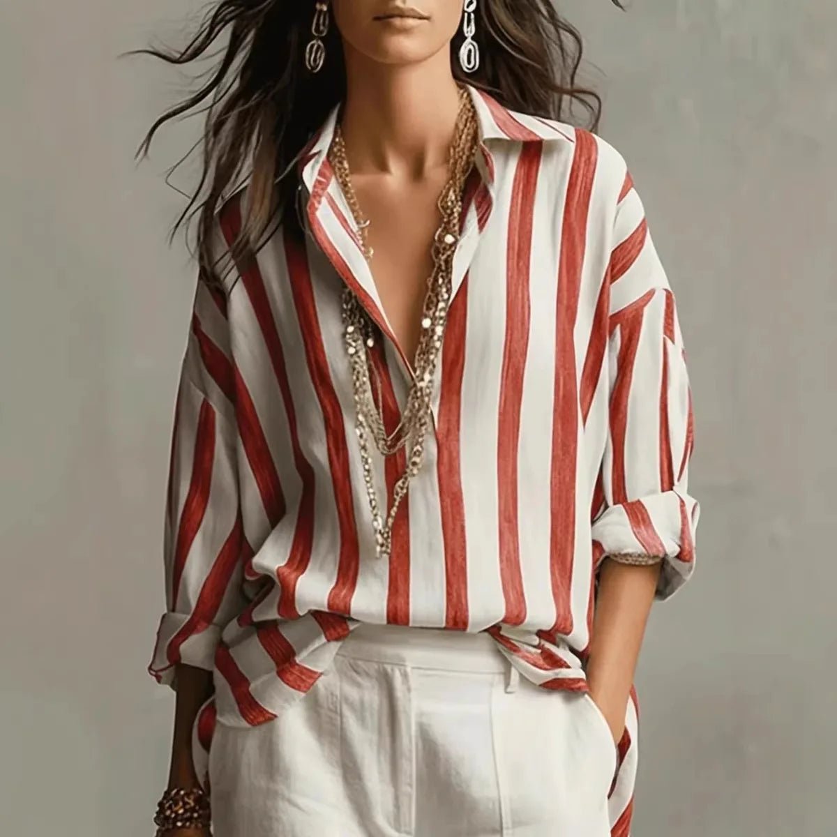 Solange | Women's Striped Collared Long Sleeve Blouse