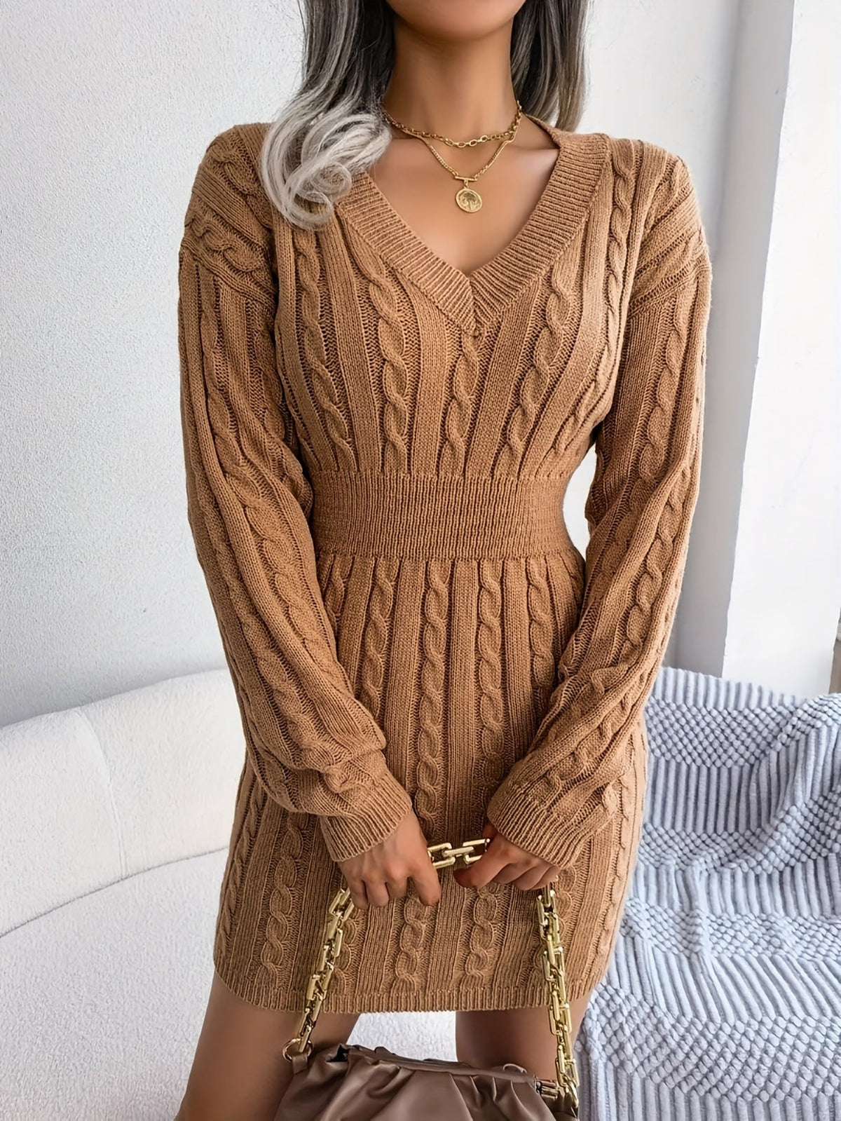Thessvine | Women's Cable Knit Sweater Dress