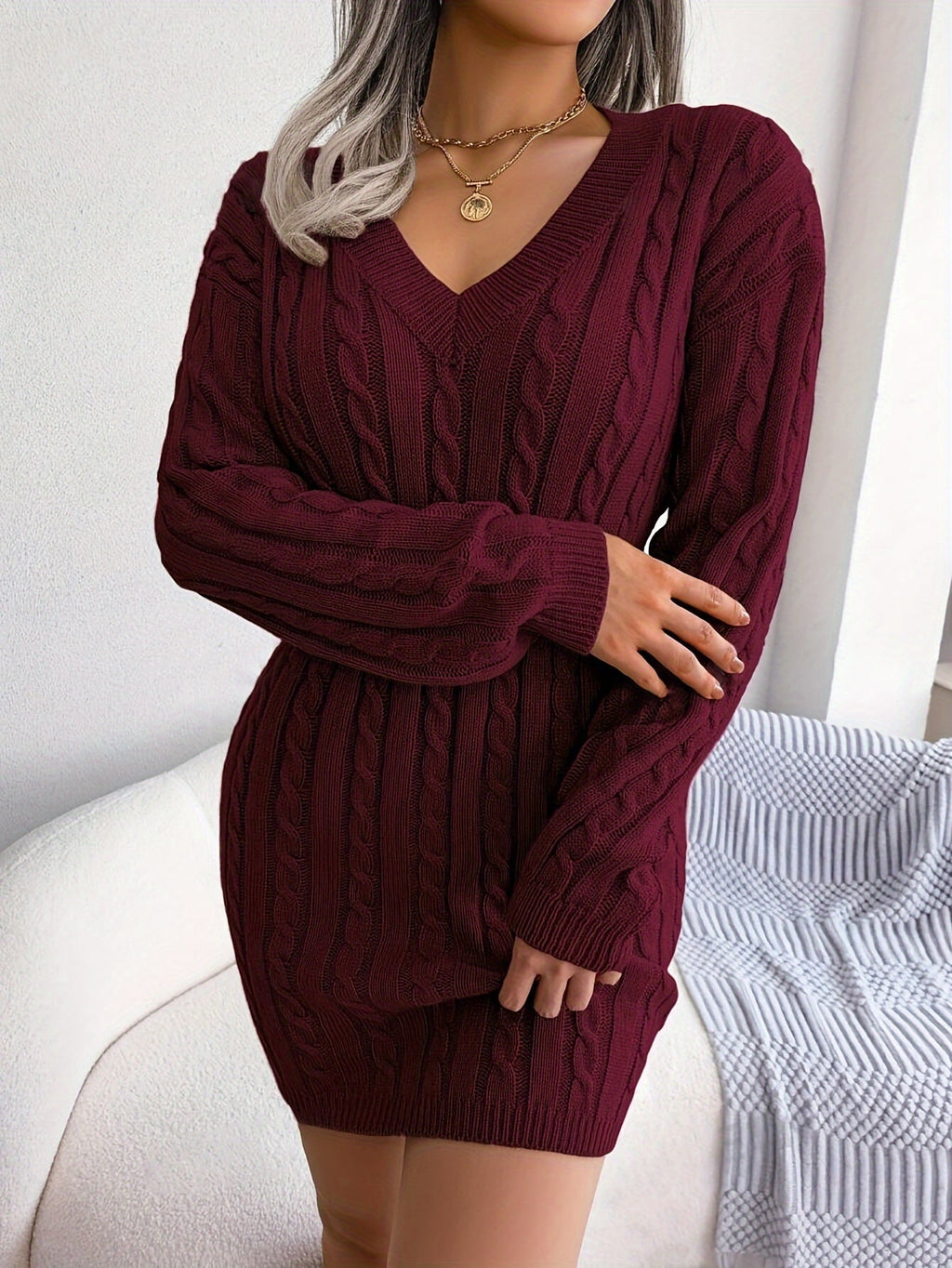 Thessvine | Women's Cable Knit Sweater Dress