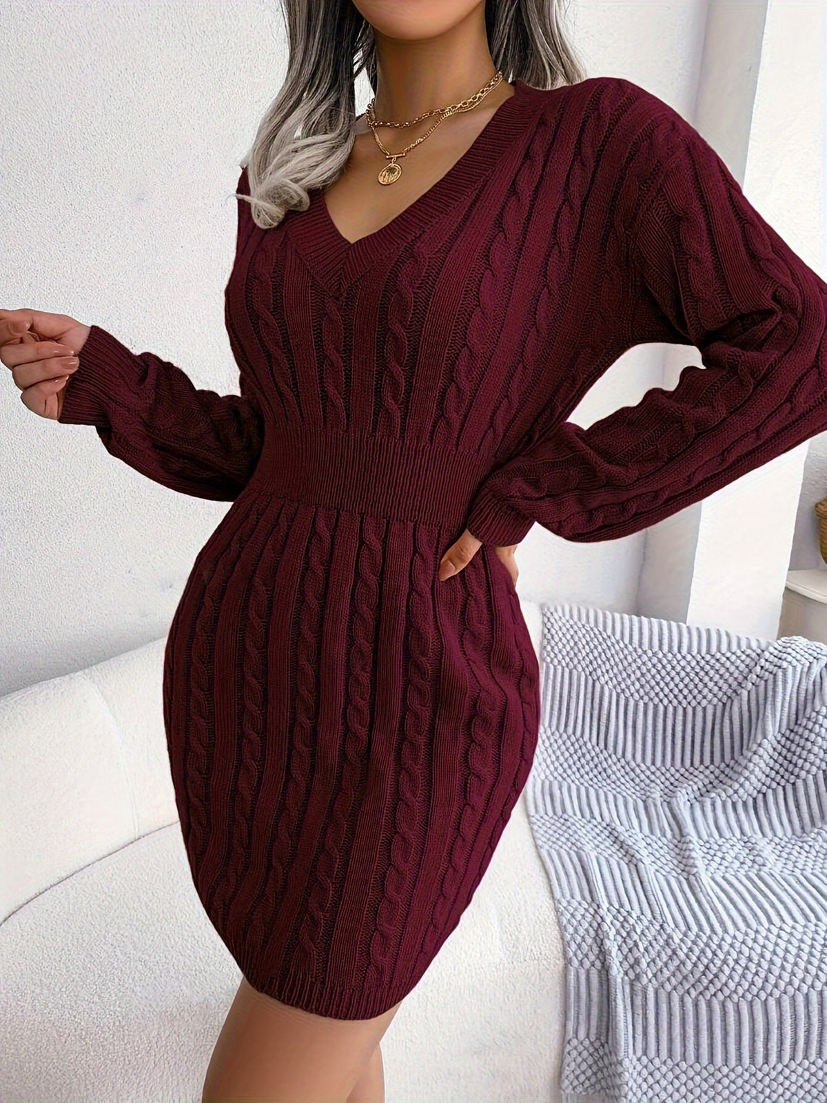 Thessvine | Women's Cable Knit Sweater Dress
