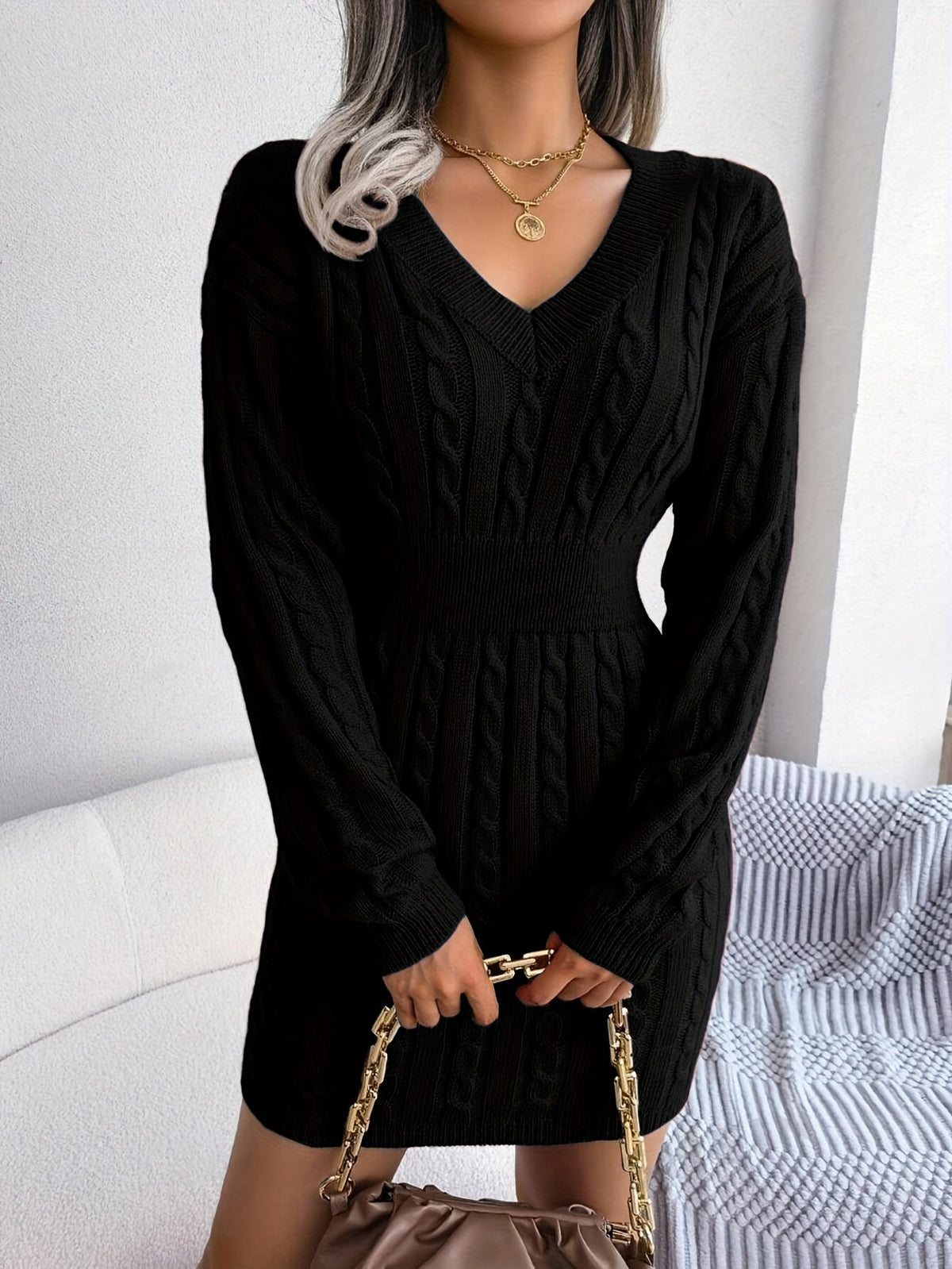Thessvine | Women's Cable Knit Sweater Dress