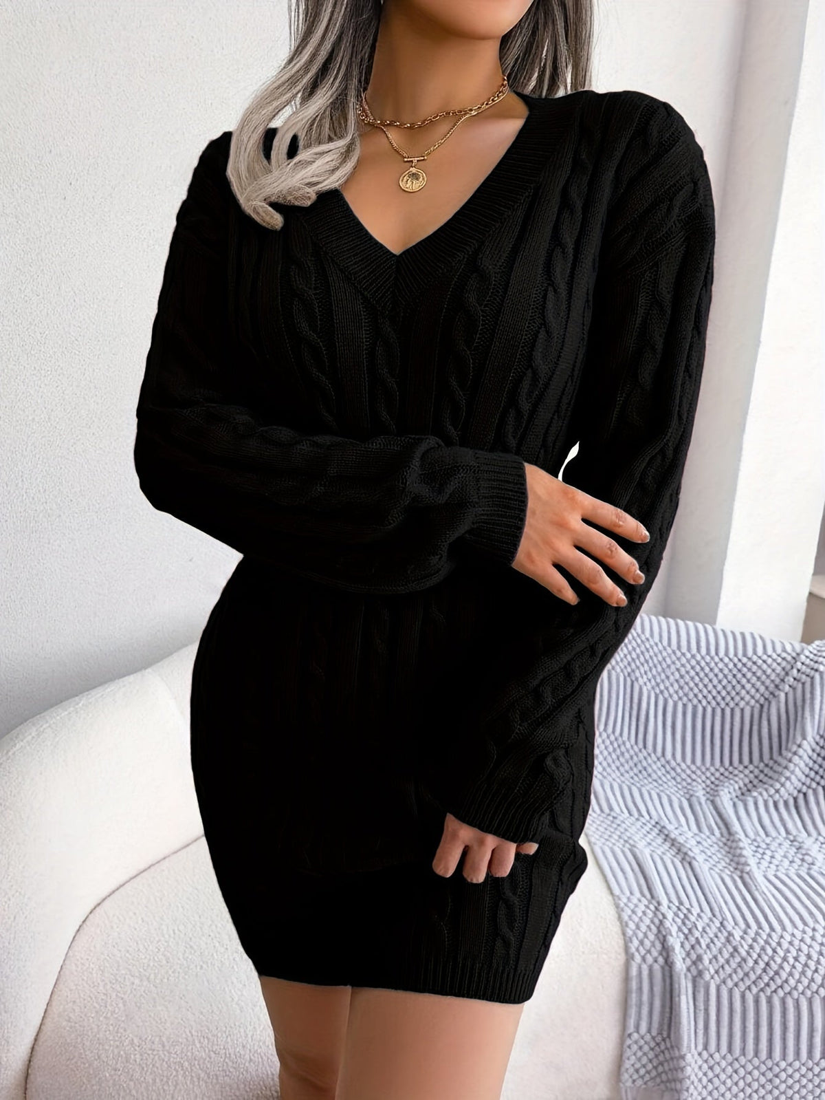 Thessvine | Women's Cable Knit Sweater Dress