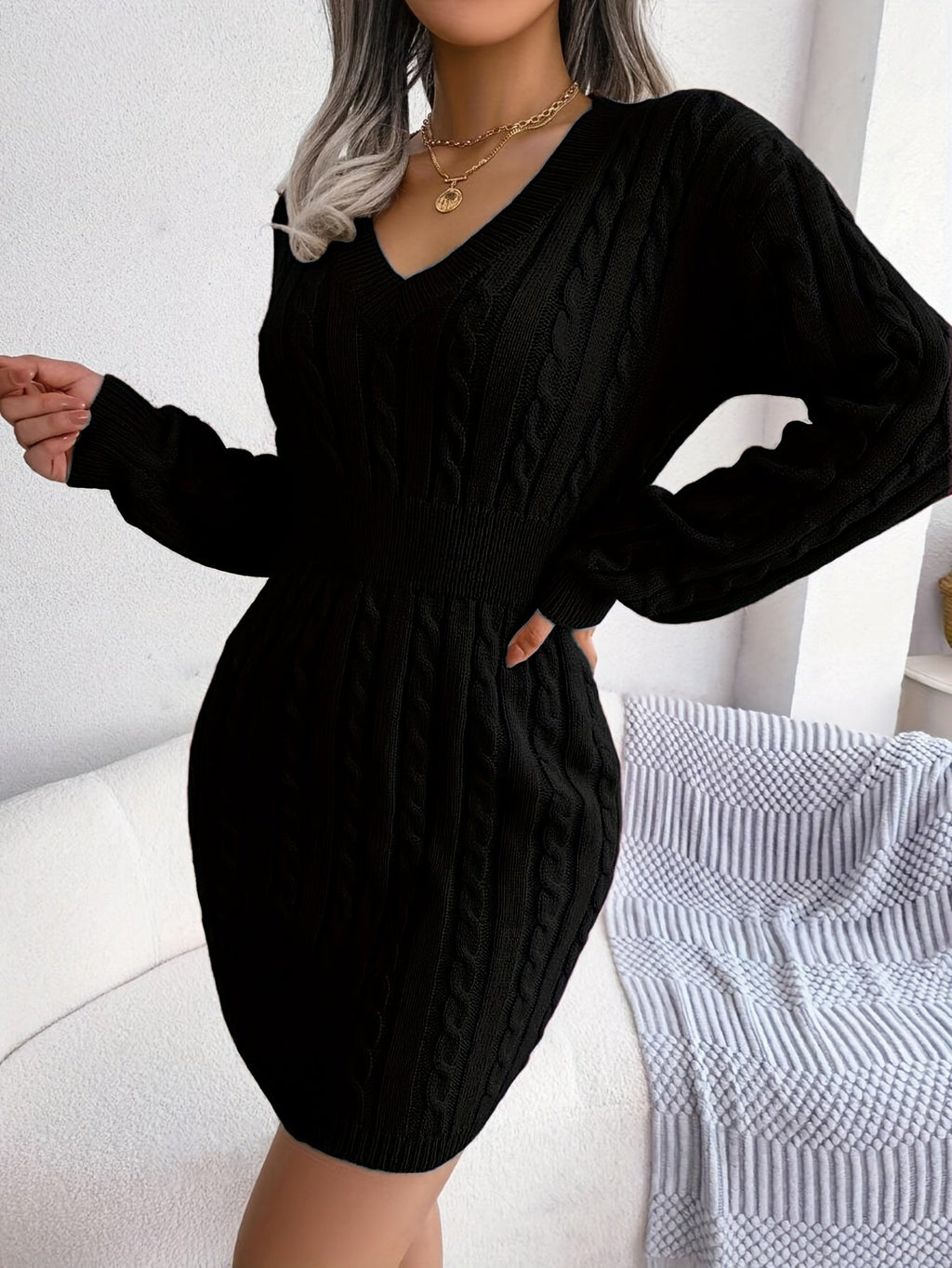 Thessvine | Women's Cable Knit Sweater Dress