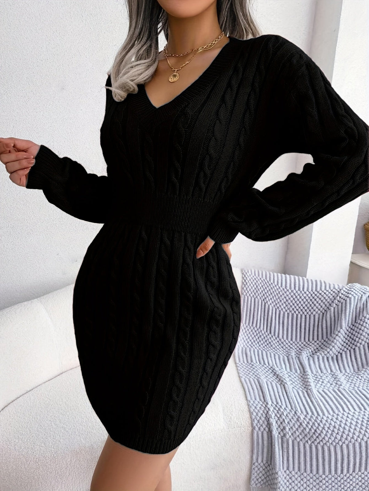 Thessvine | Women's Cable Knit Sweater Dress