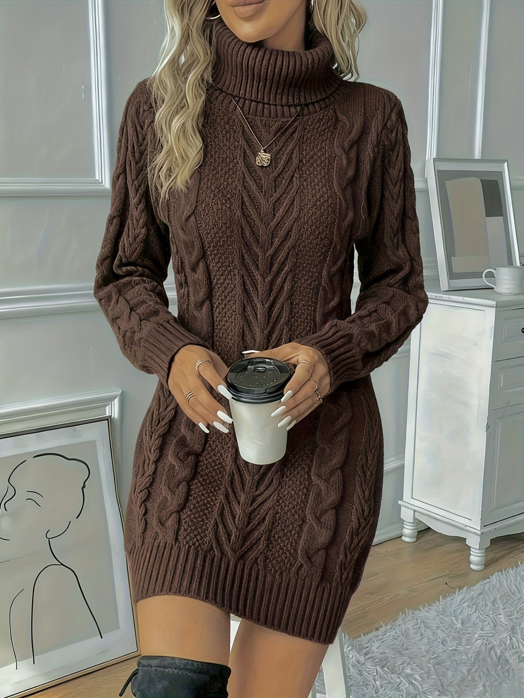 Dagny | Women's Cable Knit Turtleneck Sweater Dress