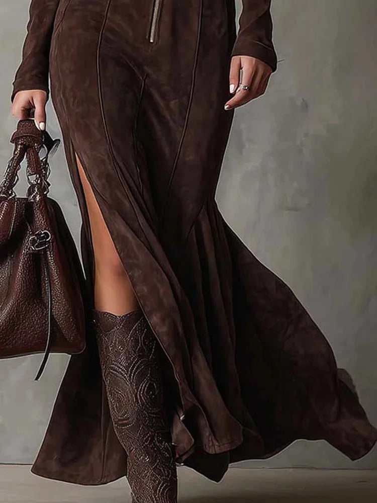 Laurence - Zip-Front Suede Maxi Dress
